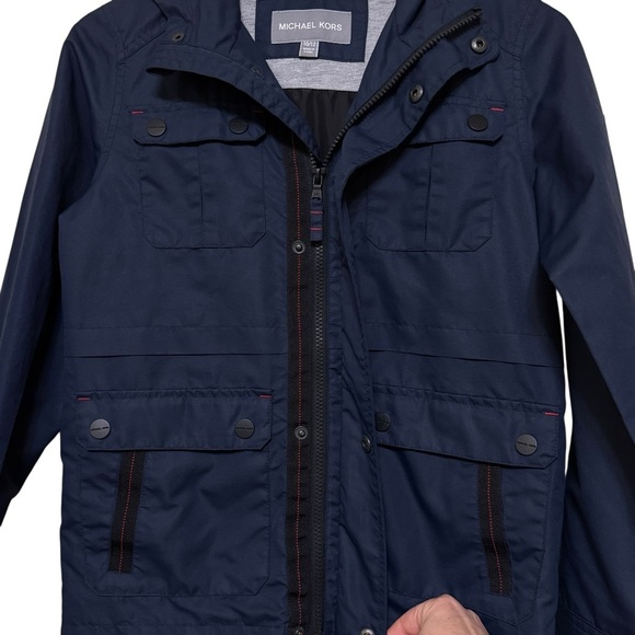 Michael Kors Rain Jacket Blue Red Hooded Button Up Full Zip Boy Girl Sz 10-12 - Picture 2 of 11